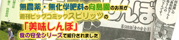 無農薬・無化学肥料の向島園のお茶が、 週刊ビッグコミックスピリッツの「美味しんぼ」101巻（食の安全）で紹介されました。 